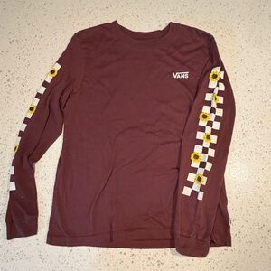 Vans Maroon Long Sleeve Tee with Sunflower Checkered Sleeves
